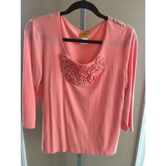Ruby Rd Shirt Top Blouse Flower Texture Salmon Large 3/4 Sleeves Casual Comfort - Picture 4 of 8